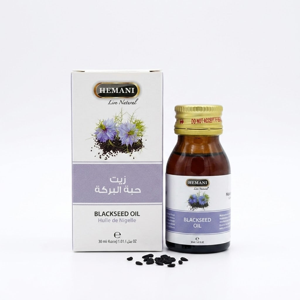 Hemani Blackseed oil bottle and box on a white background