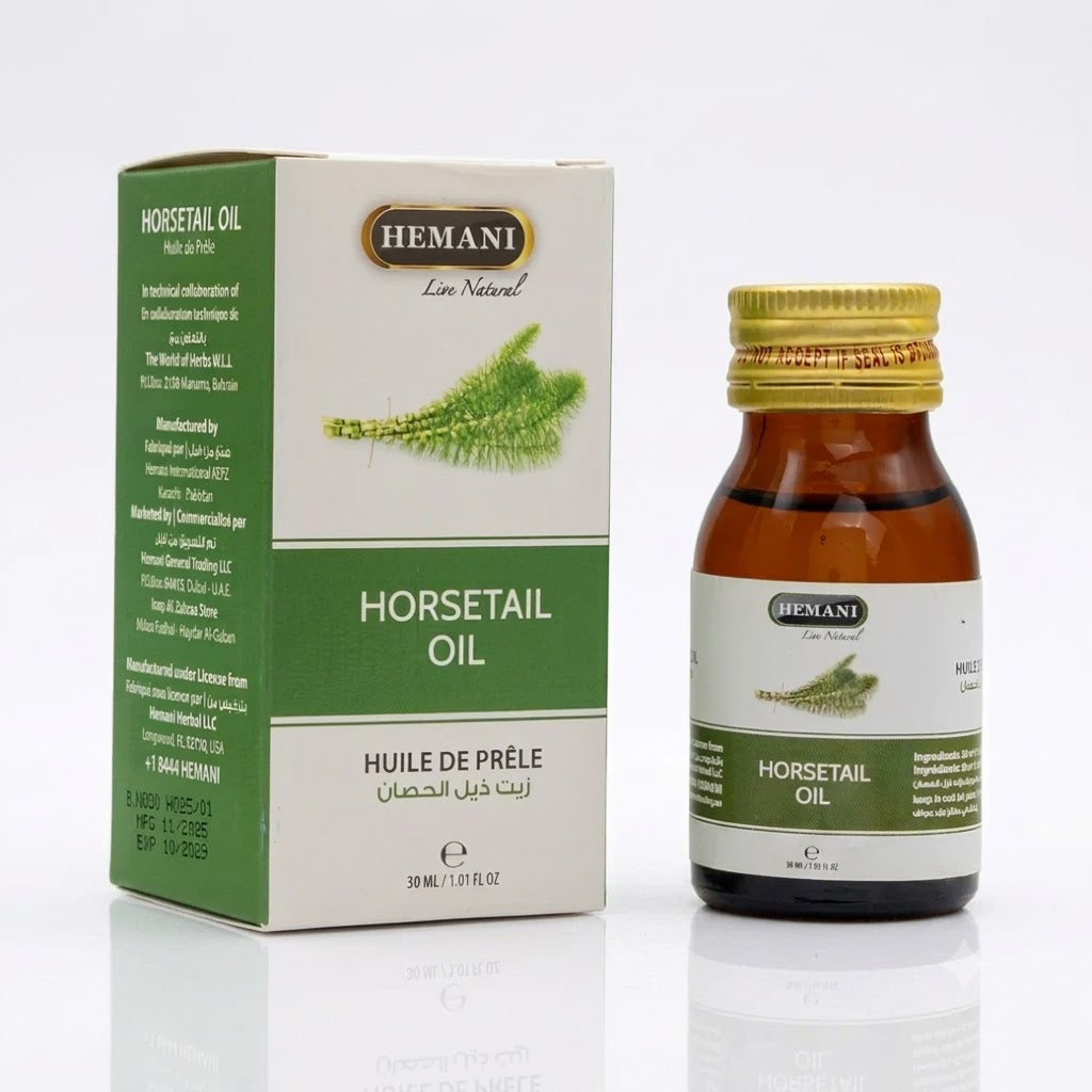 Hemani Horsetail Oil bottle and packaging on a white background