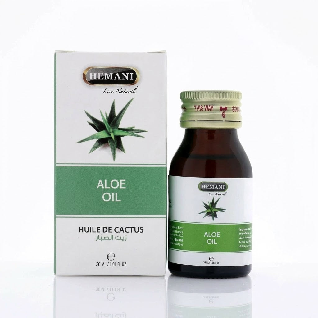 Hemani Aloe Oil bottle and packaging on a white background