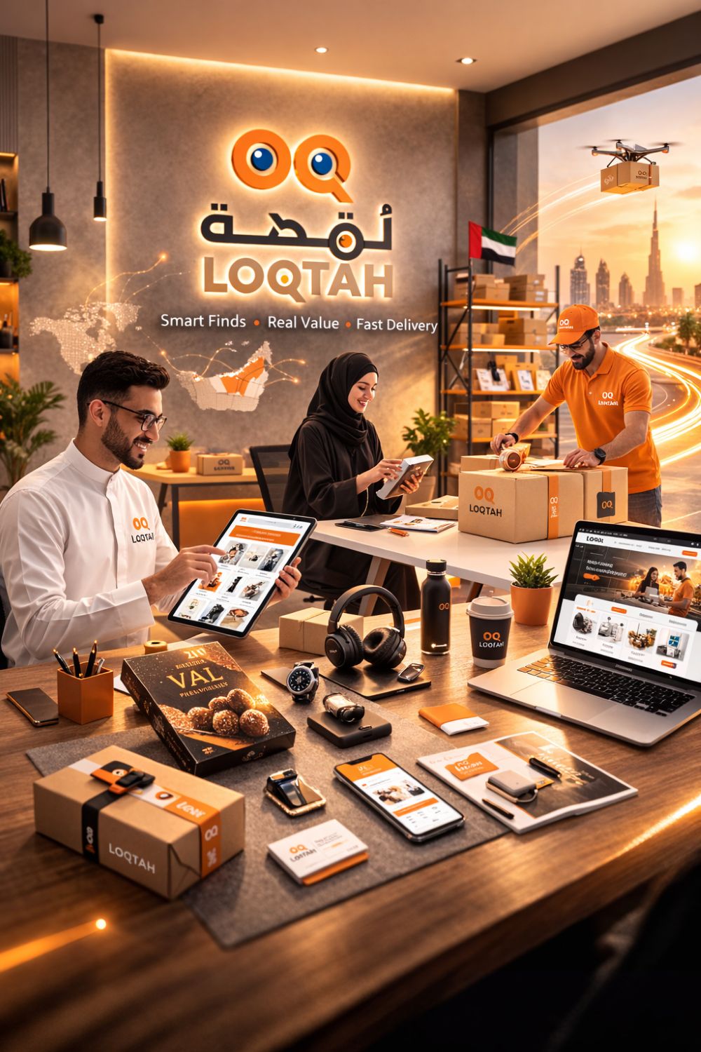 Workplace setup with LOQTAH branding, employees using devices, and office decor.