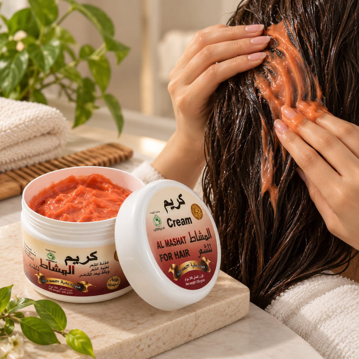 A person applies an orange-red hair mask cream to wet dark hair, with an open jar of the product and its lid placed beside them on a stone surface. The jar label reads 'Cream' and 'AL MASHAT FOR HAIR' with Arabic text.