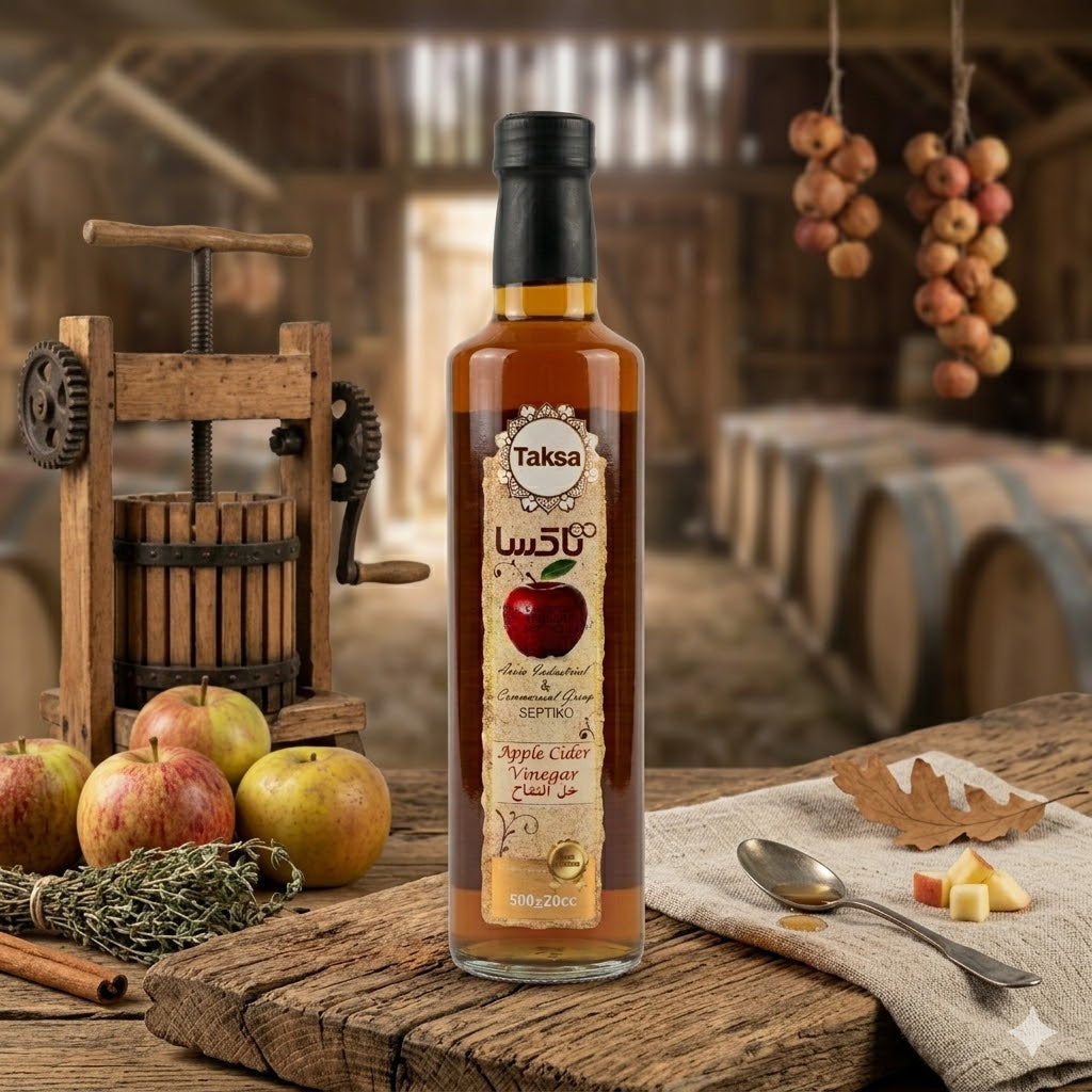Bottle of Taksa apple cider vinegar on a wooden surface with apples and a press in the background.