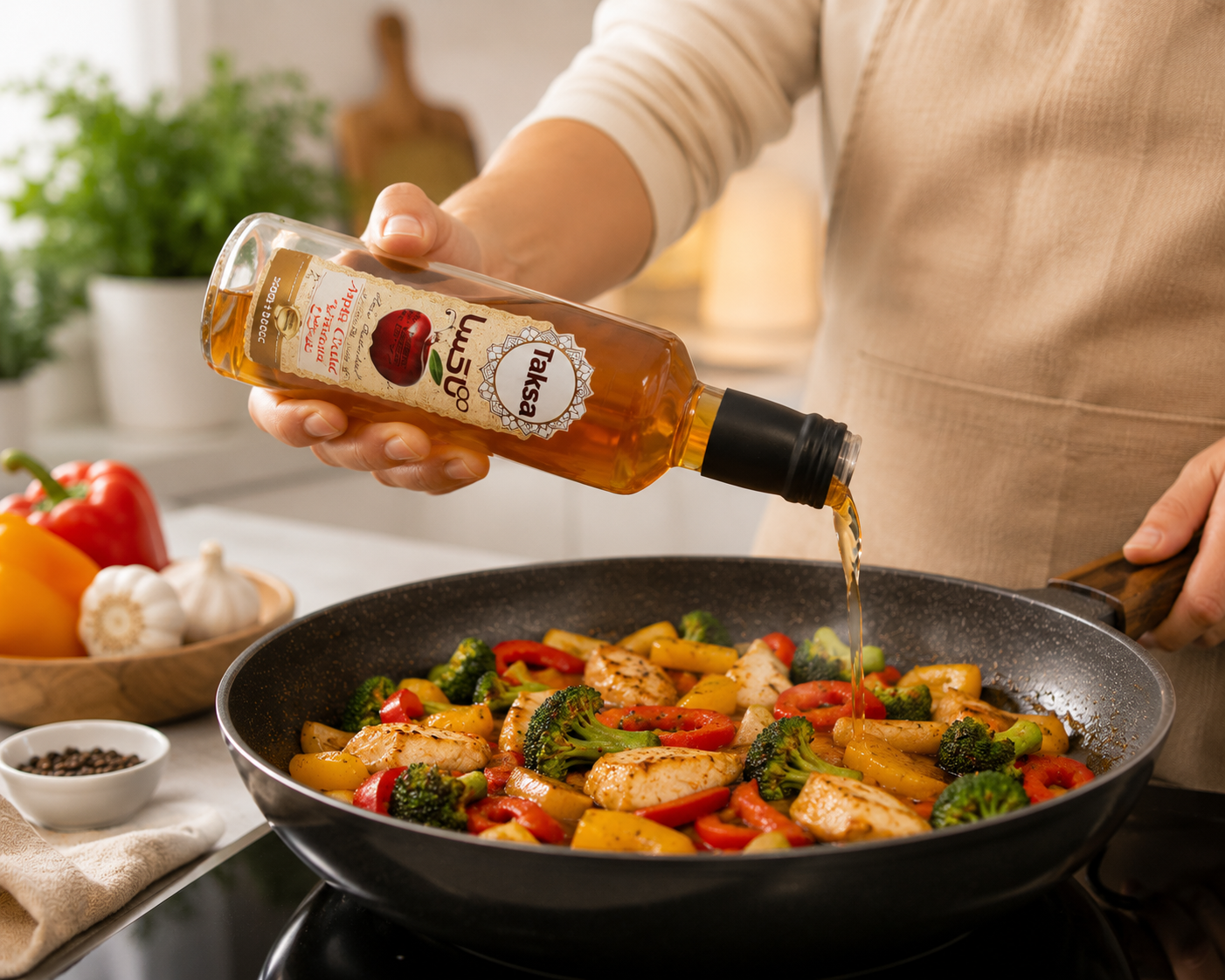Person pouring Apple Cider Vinegar from a bottle into a frying pan with vegetables and chicken.