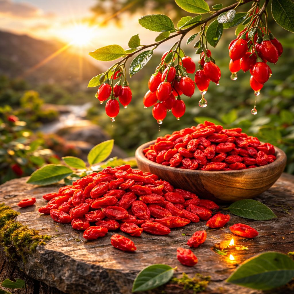 Dried goji berries (Barbarine) on a wooden surface with fresh goji berries on a branch in the background.