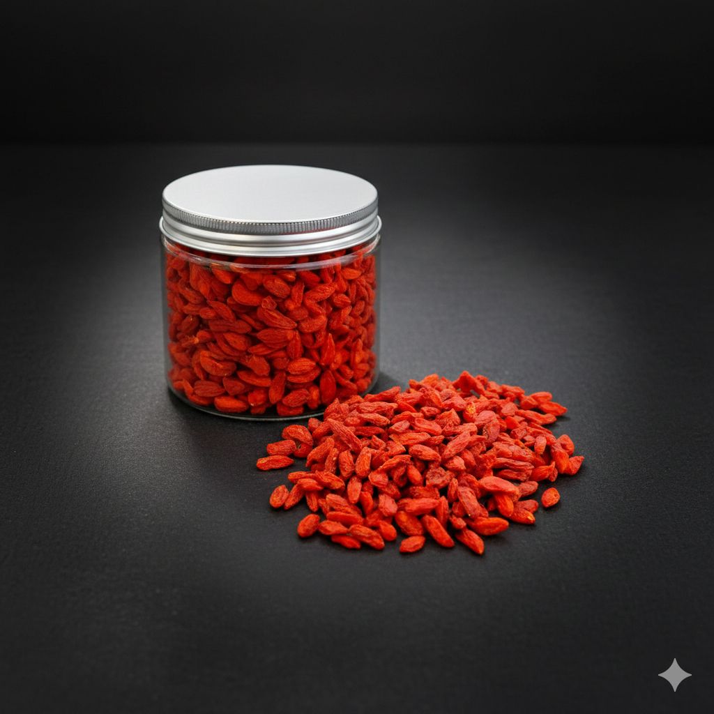 Jar of red Goji Berries (Berberine) on a dark background