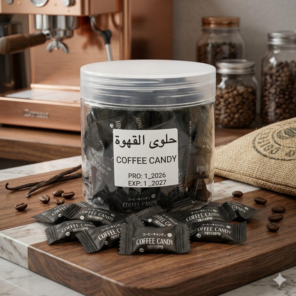Jar of coffee candy with packaging on a wooden surface with coffee beans and a coffee machine in the background.