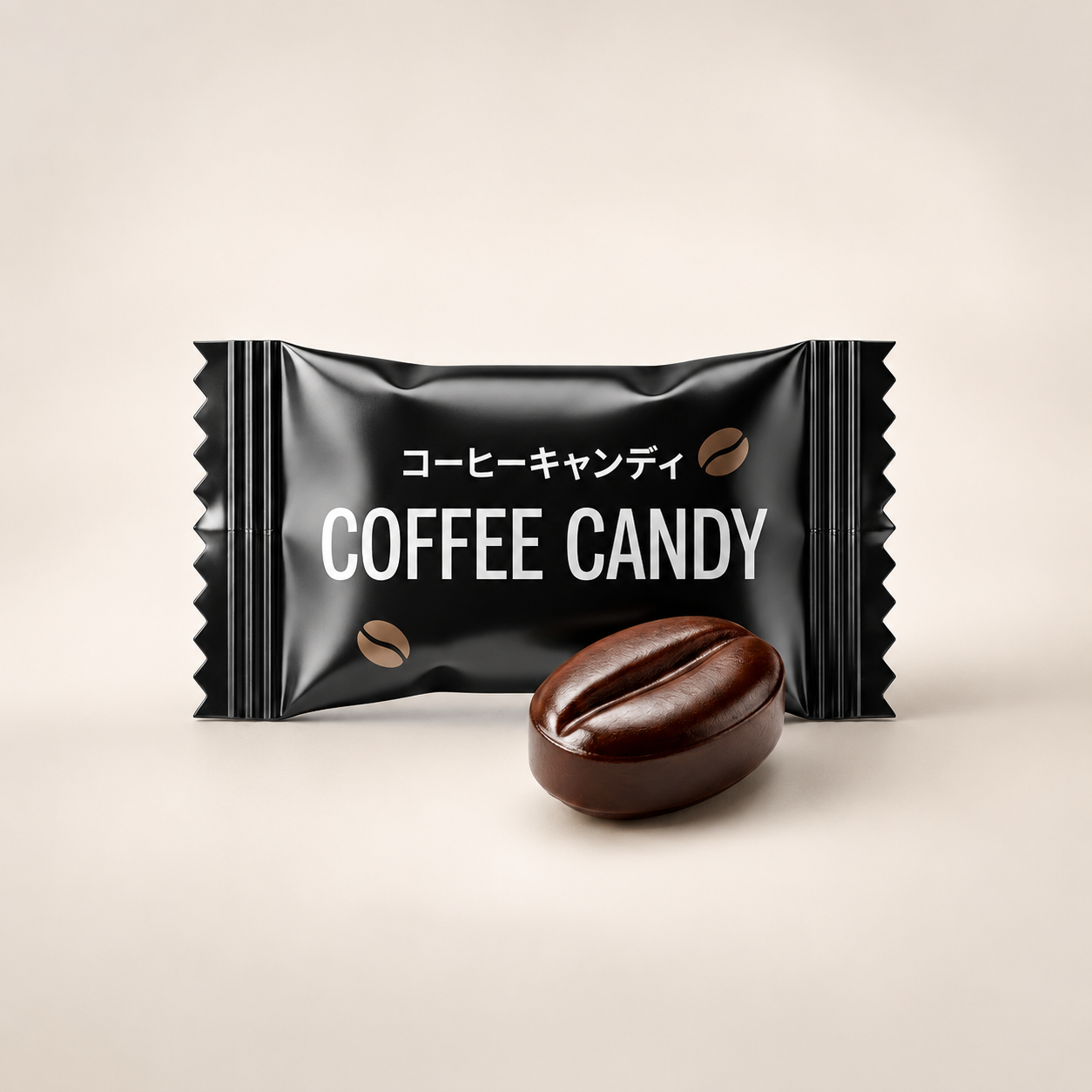 Coffee candy package with a coffee bean on a beige background