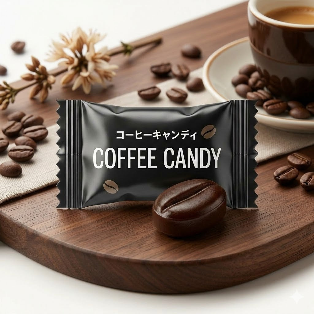 Coffee candy package with coffee beans on a wooden board