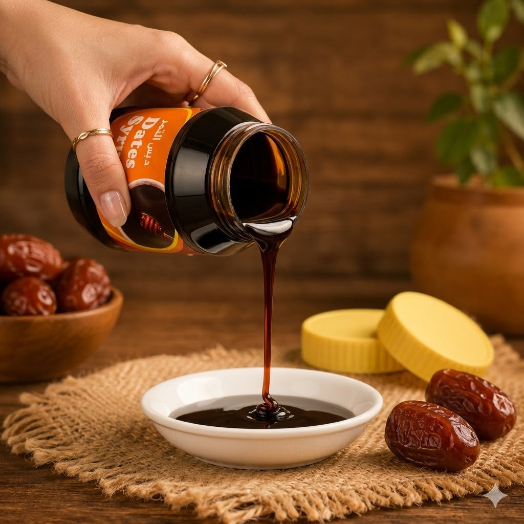 Hand pouring a dark liquid from a bottle labeled 'Dates Syrup' into a white bowl, with dates and a plant in the background.
