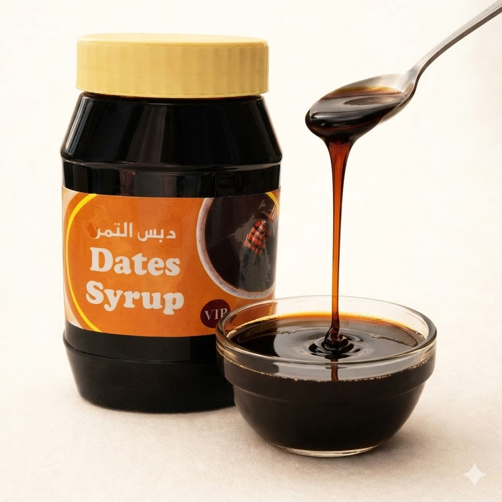 Jar of dates syrup with a spoonful being poured into a bowl on a white background
