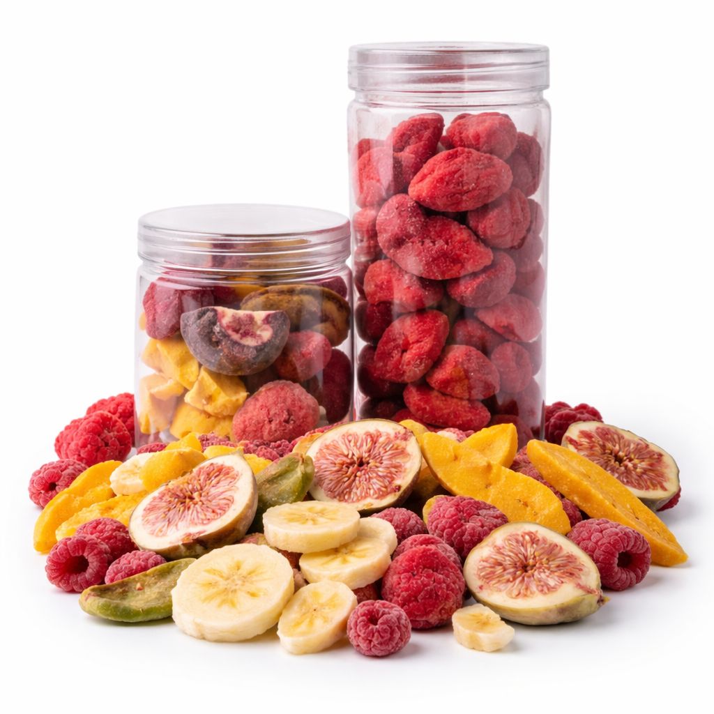 Two jars of dried fruits on a white background