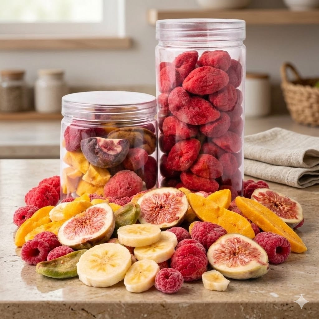 Two jars filled with dried fruits on a wooden surface