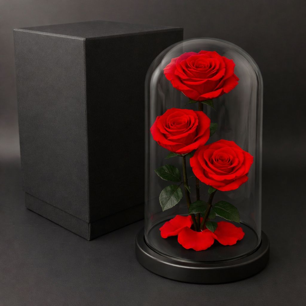 Three red forever roses in a glass dome on a dark background