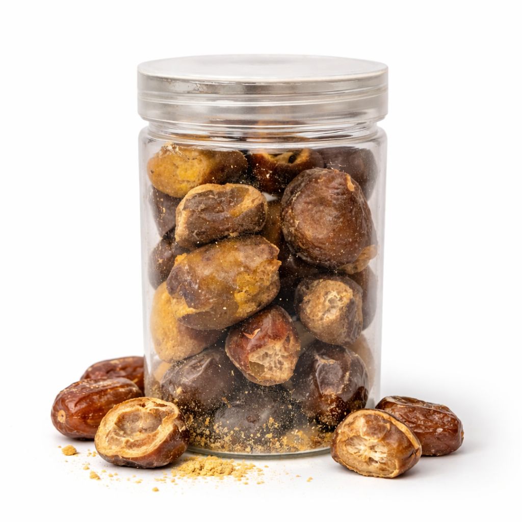Clear glass jar filled with Freeze Dried Balah Dates on a white background