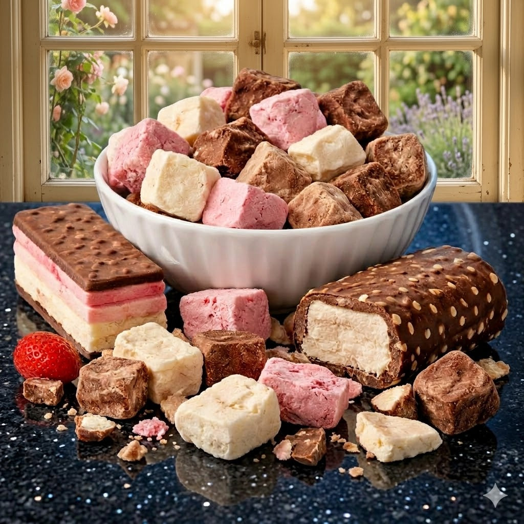 Assorted Dried Ice Cream bars  on a reflective surface with a window view of flowers.