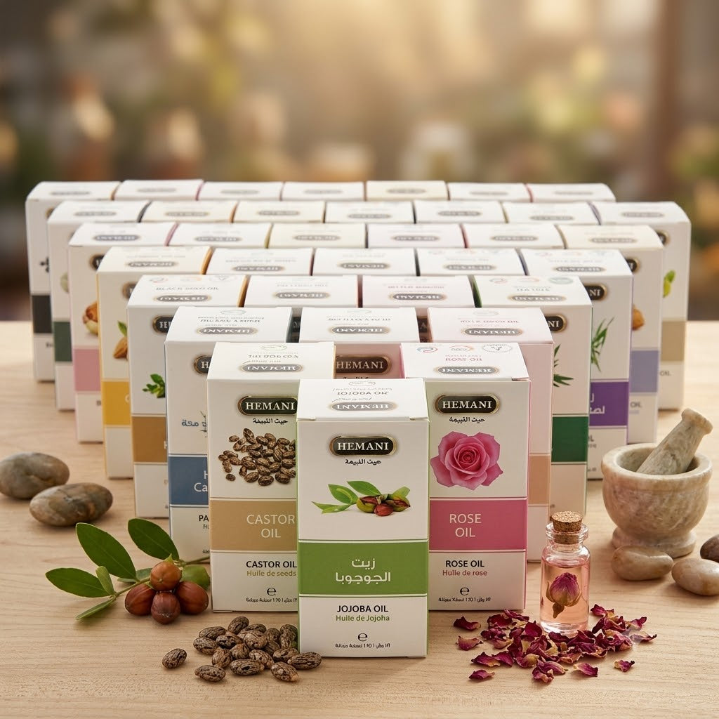 Collection of HEMANI essential oil boxes on a wooden surface with oils and herbs.