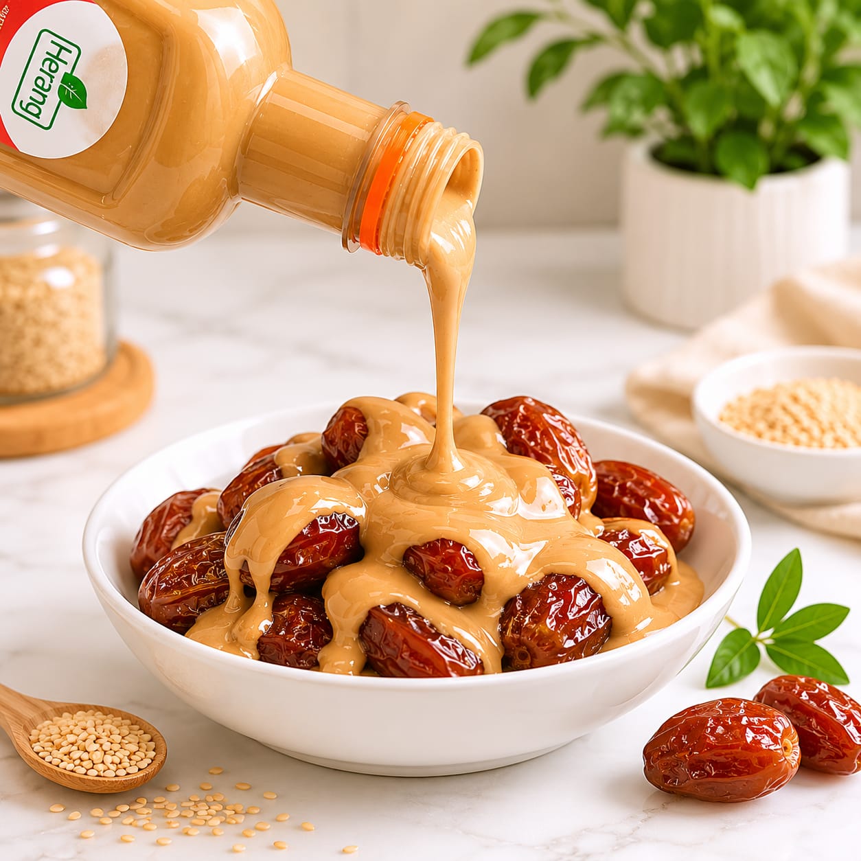 Bowl of dates being drizzled with a Herang Tahinia, on a light surface.