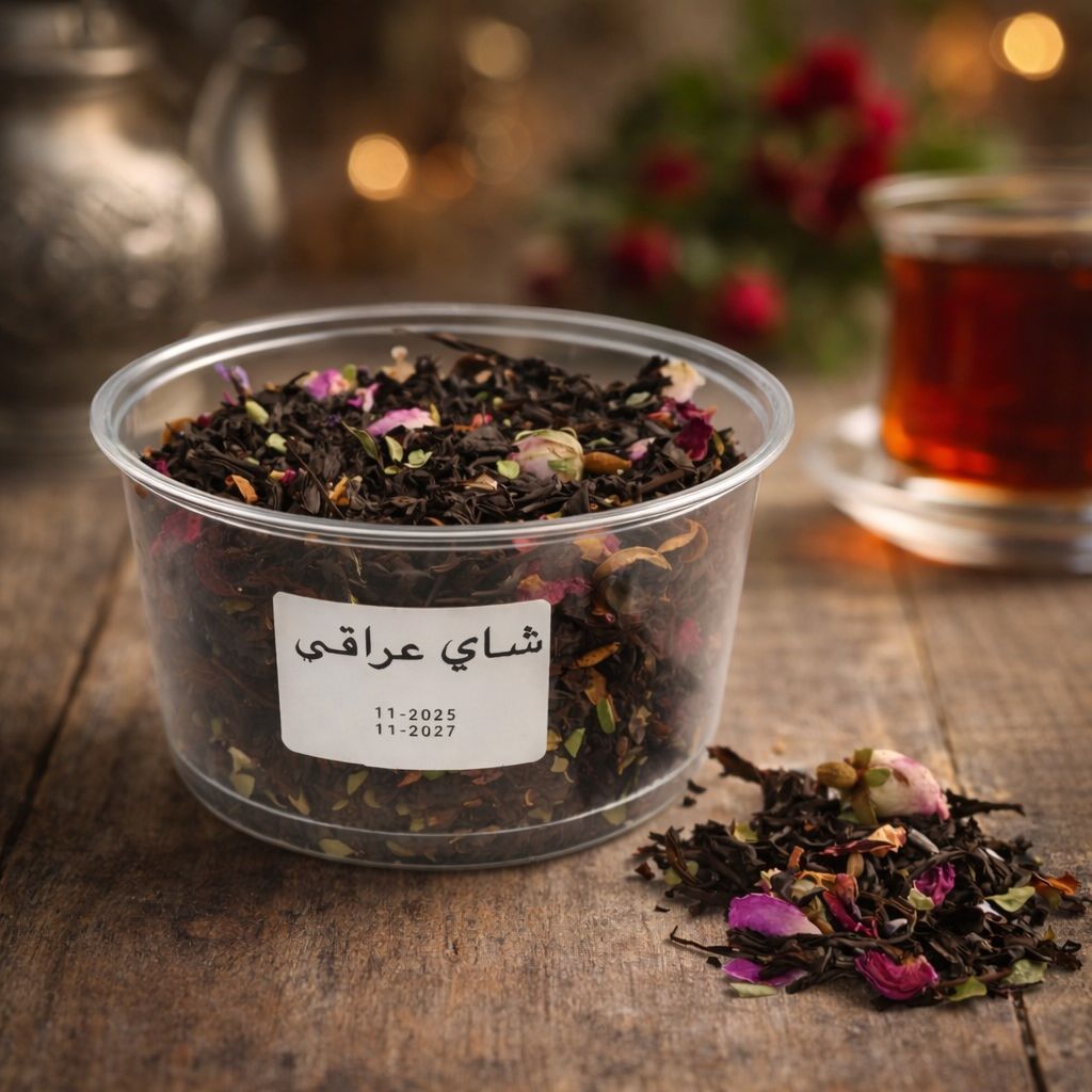 Clear container with dried tea leaves and a label on a wooden surface with a blurred background of a teacup and flowers.
