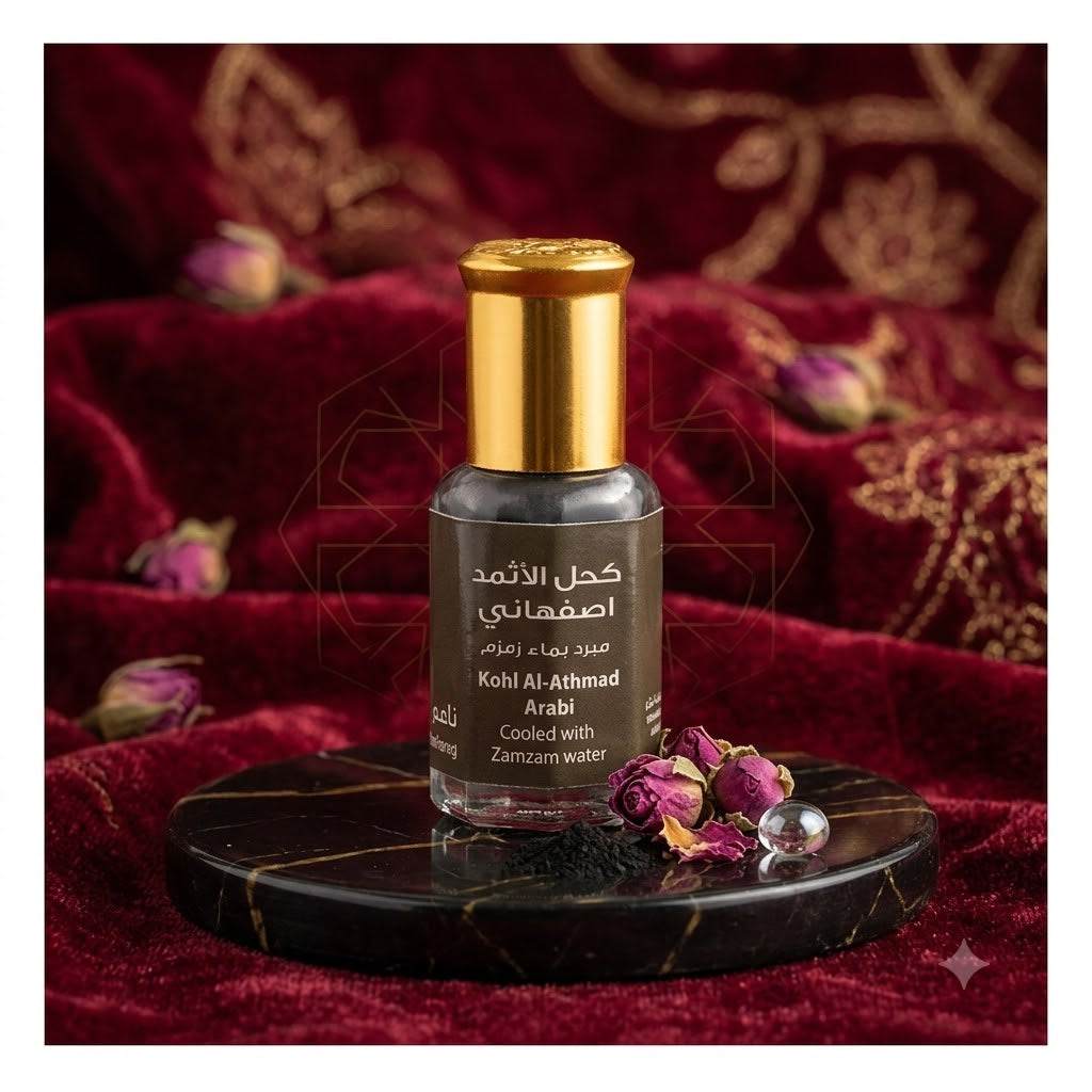 Bottle of Kohl Al-Athmad Arabi on a dark surface with a red textured background