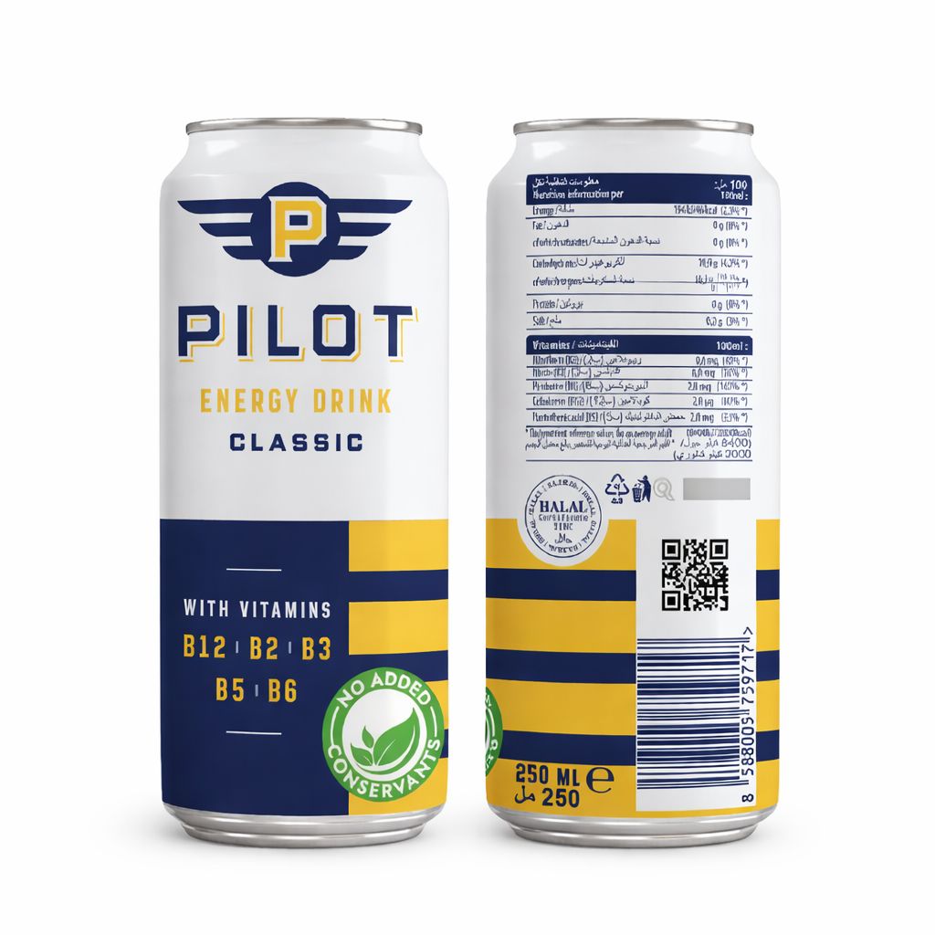 Pilot Energy Drink Classic can with front and back views on a white background
