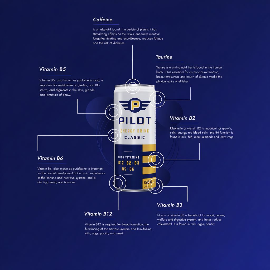 Pilot Energy Drink can with nutritional information on a blue background