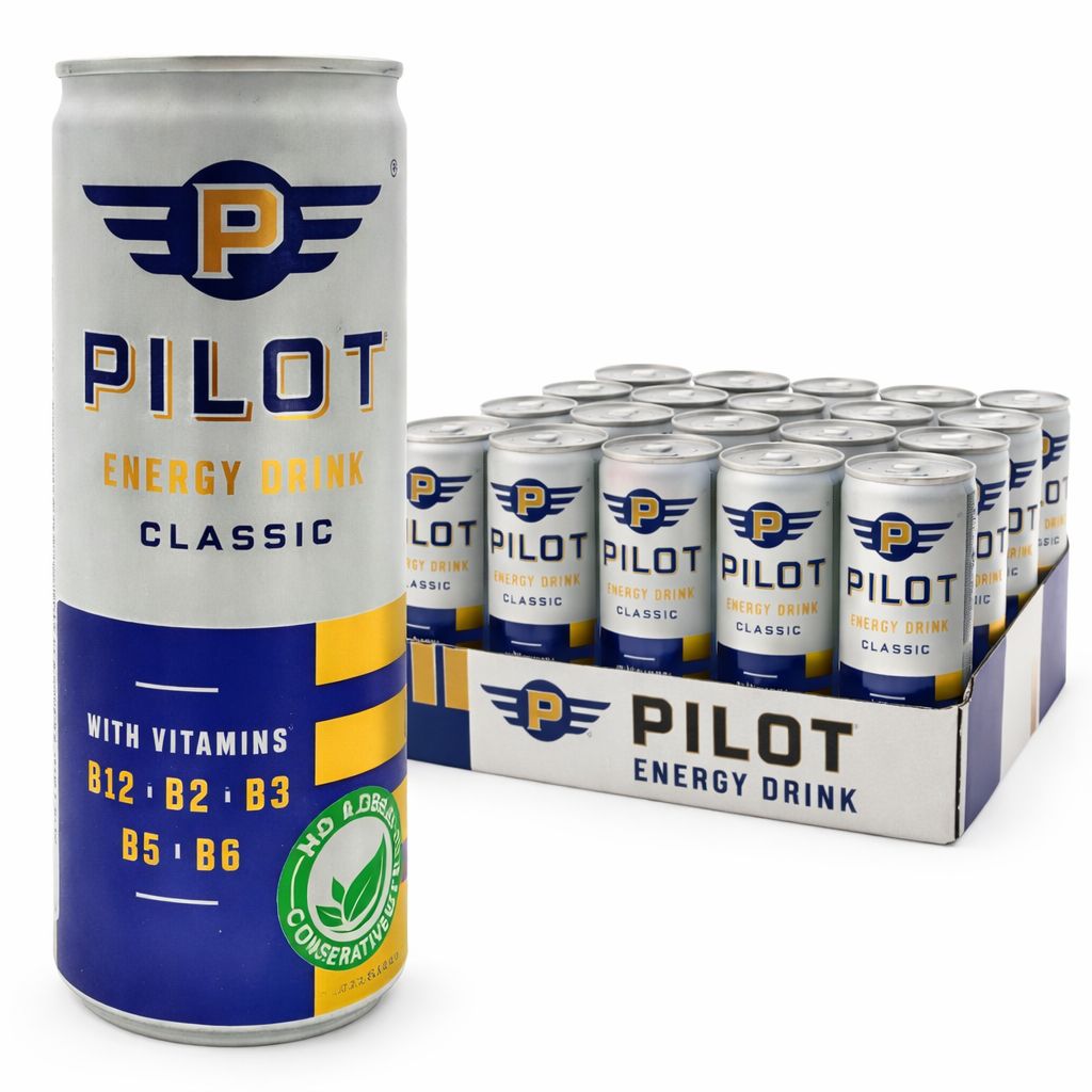 Pilot Energy Drink can with packaging of 24 on a white background
