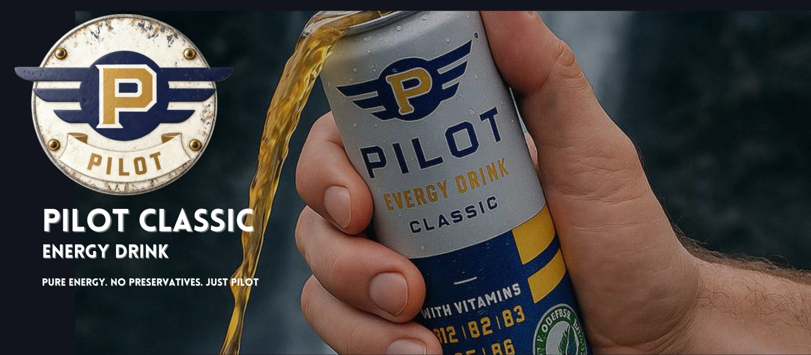 Hand holding a can of PILOT Energy Drink - Classic with brand logo and text.