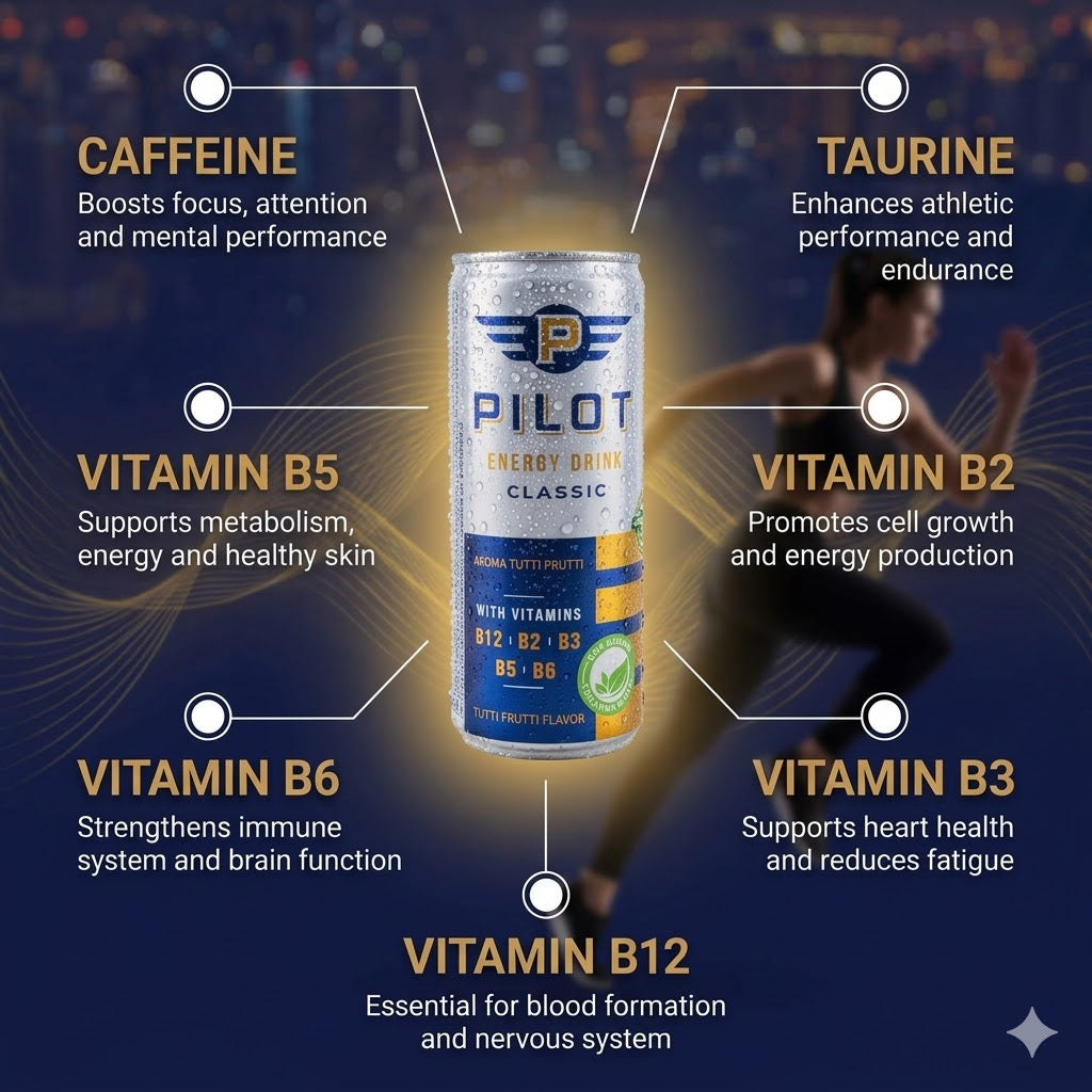 Pilot Energy Drink can with nutritional benefits highlighted on a dark background