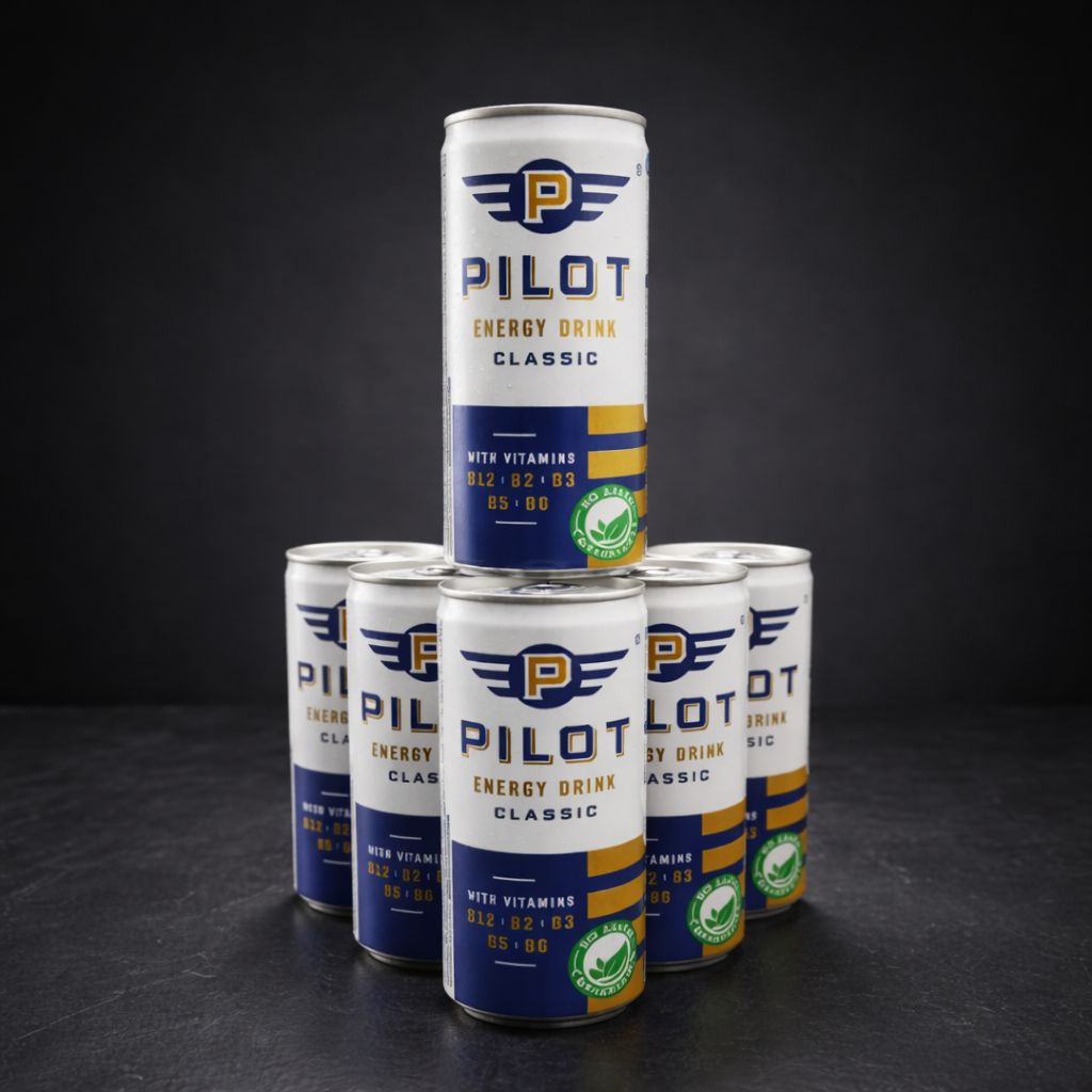 PILOT Energy Drink cans stacked on a dark surface with a black background