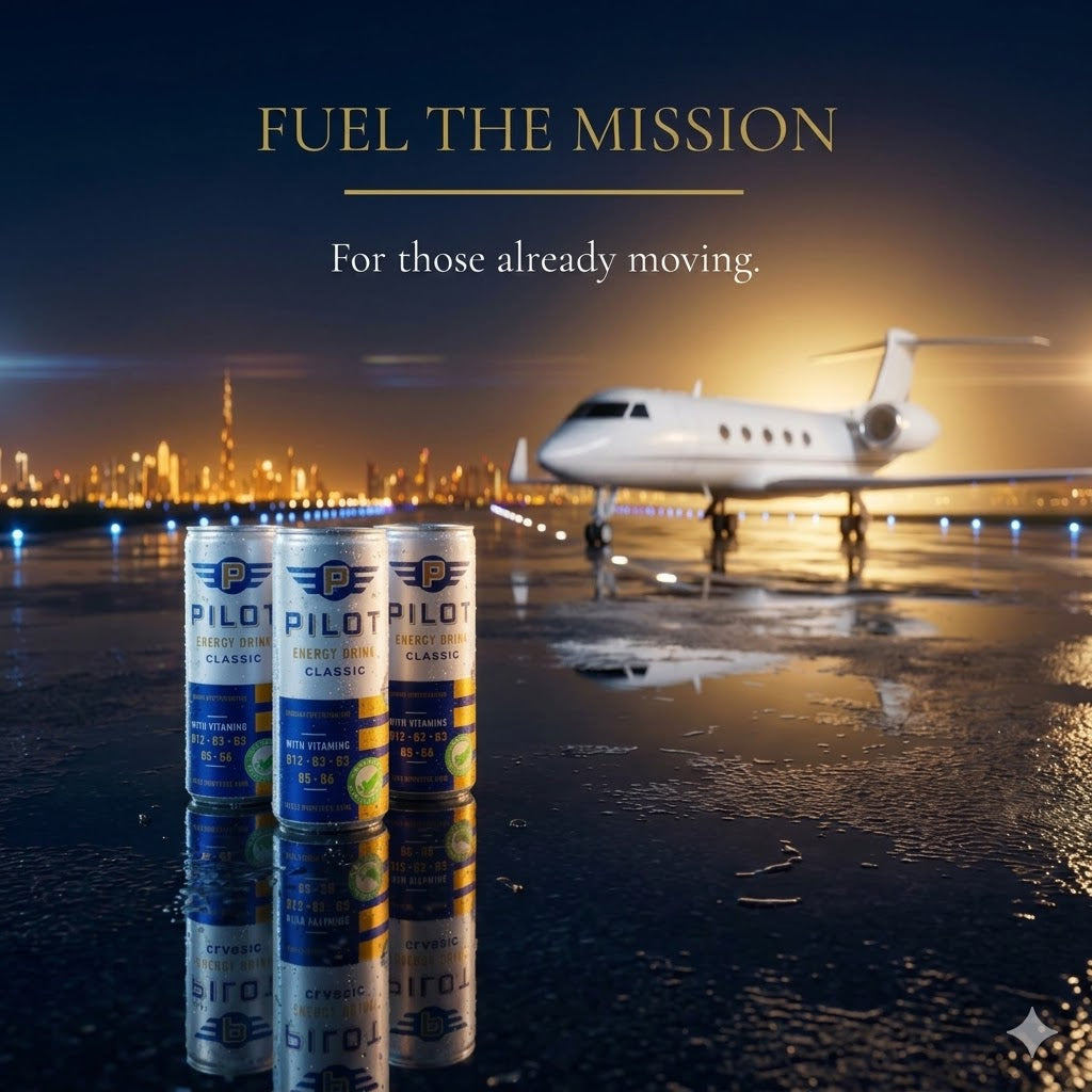 Three cans of Pilot Energy Drink on a runway with a private jet and cityscape in the background, featuring the text 'Fuel the Mission'.