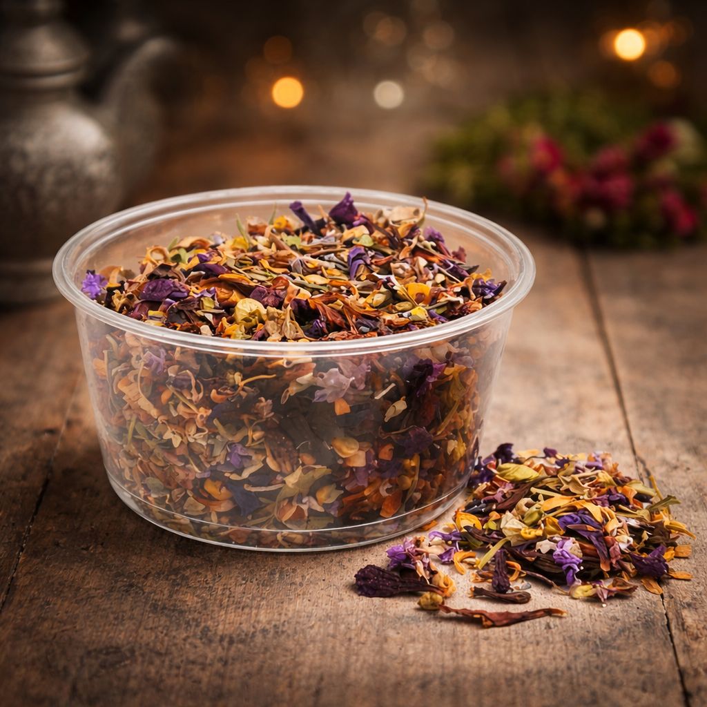 Clear container of Relaxing Tea with dried flowers on a wooden surface