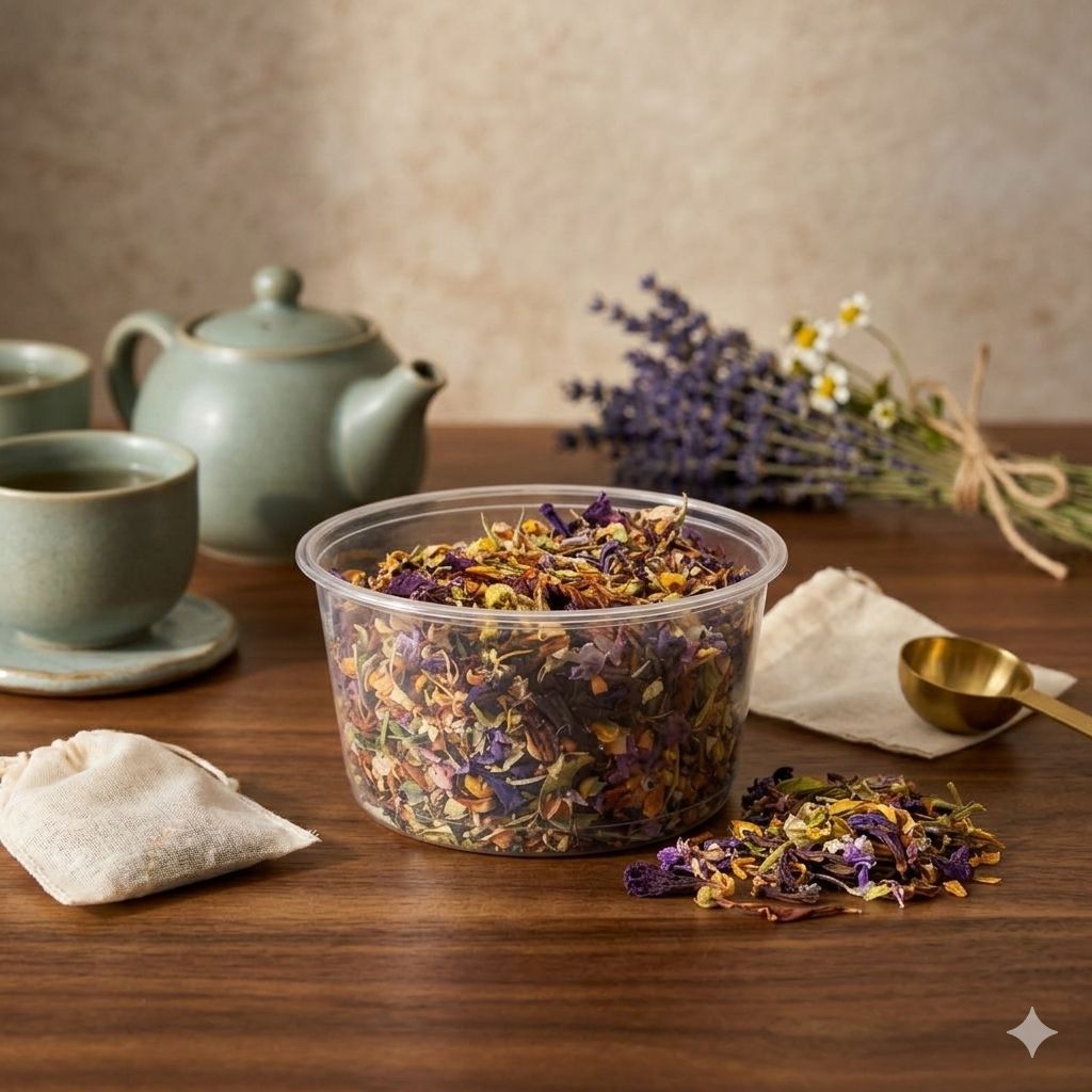 Relaxing Tea-making setup with teacups, teapot, and dried herbs on a wooden surface.