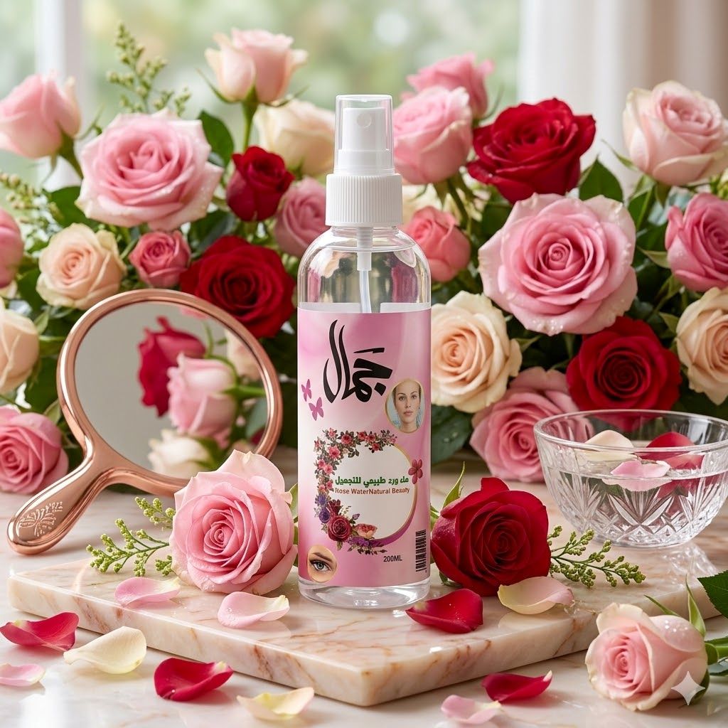Spray of Natural Rose Water product with flowers and decorative items on a table