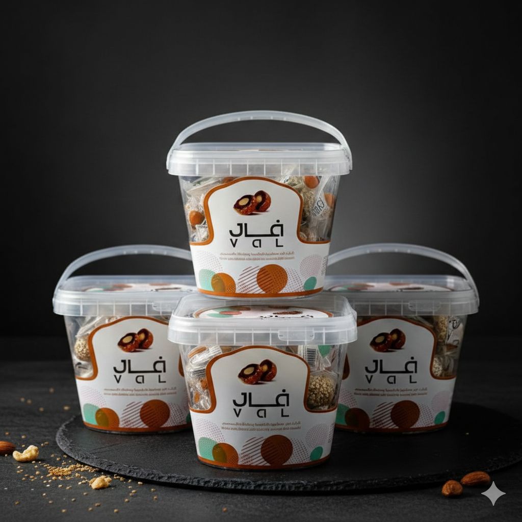 Four containers of 'VaL' brand product on a dark background