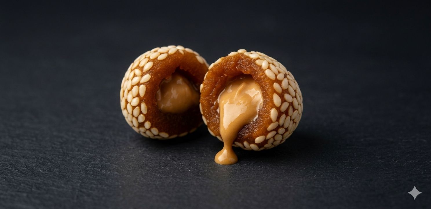 VaL - Two half rounded dates coated with sesame seeds and stuffed with tahini, on a dark surface