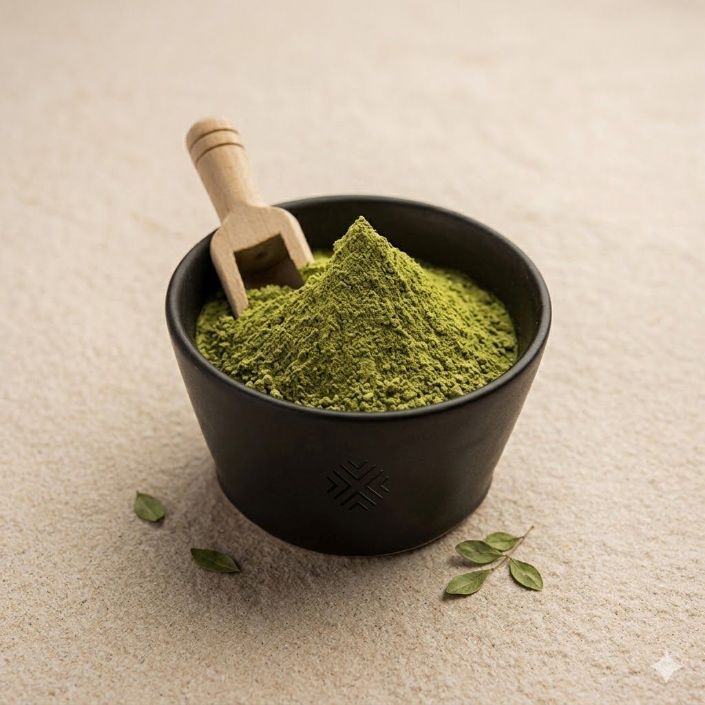 Black bowl filled with green henna powder on a beige surface