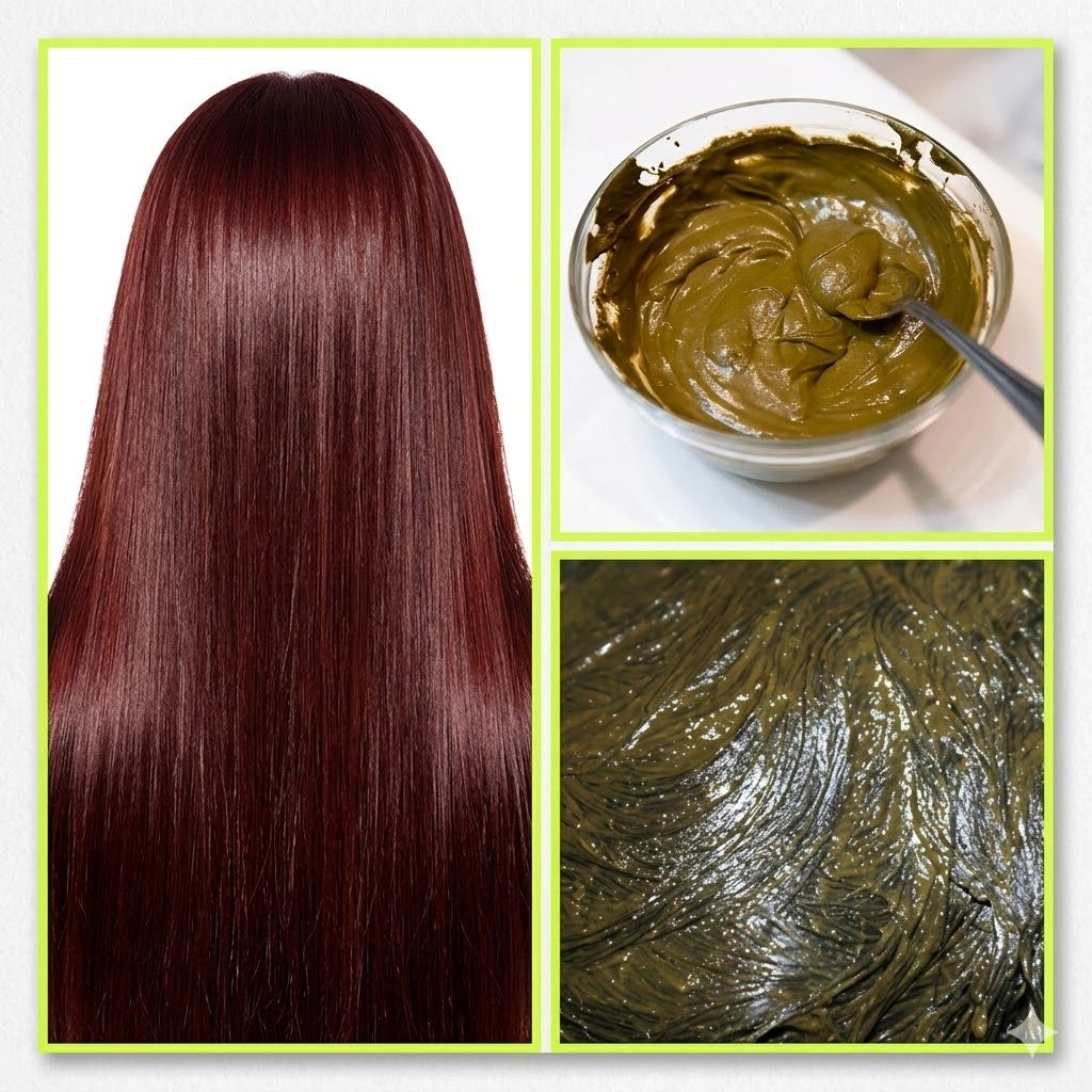 Collage showing dark red hair, green hair dye, and a close-up of the dye.