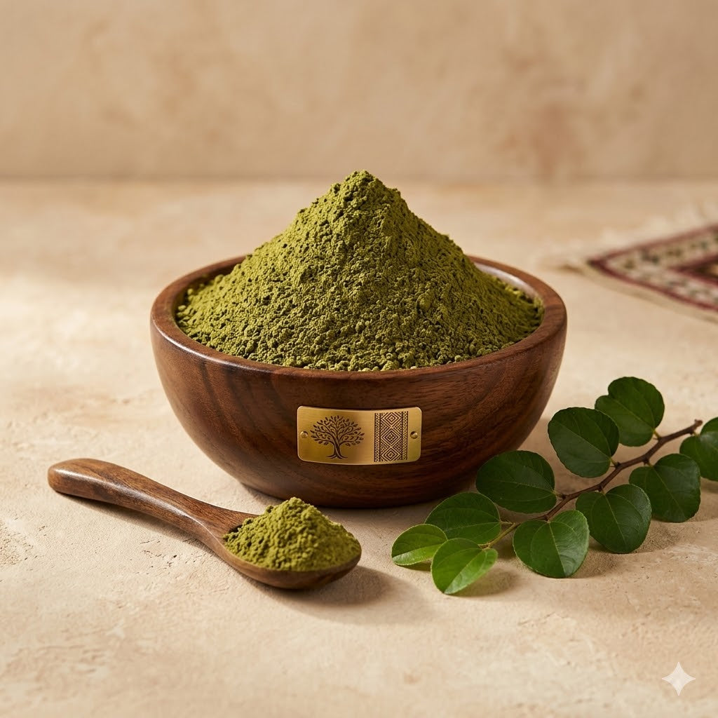 Wooden bowl filled with green Sidr powder, surrounded by leaves on a beige background