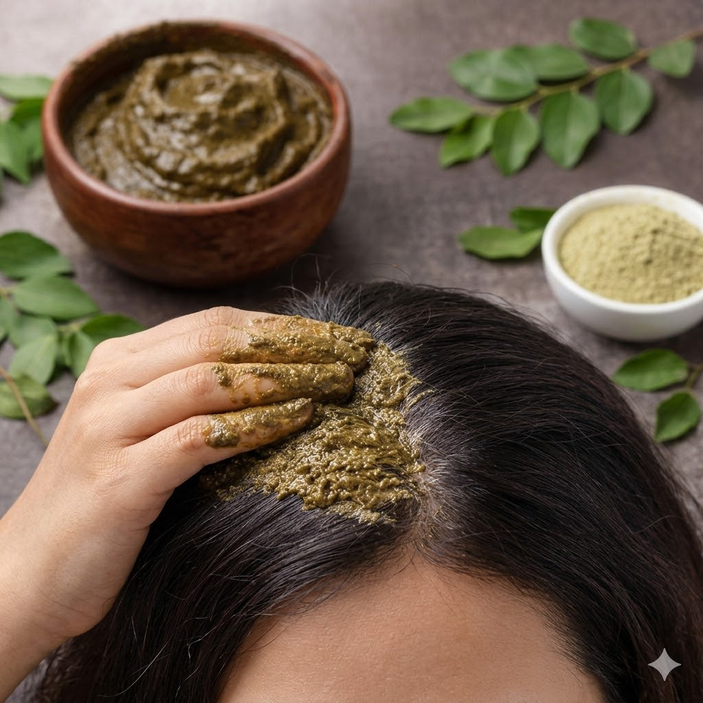 Person applying green Sidr paste to hair with bowls of ingredients on a stone surface