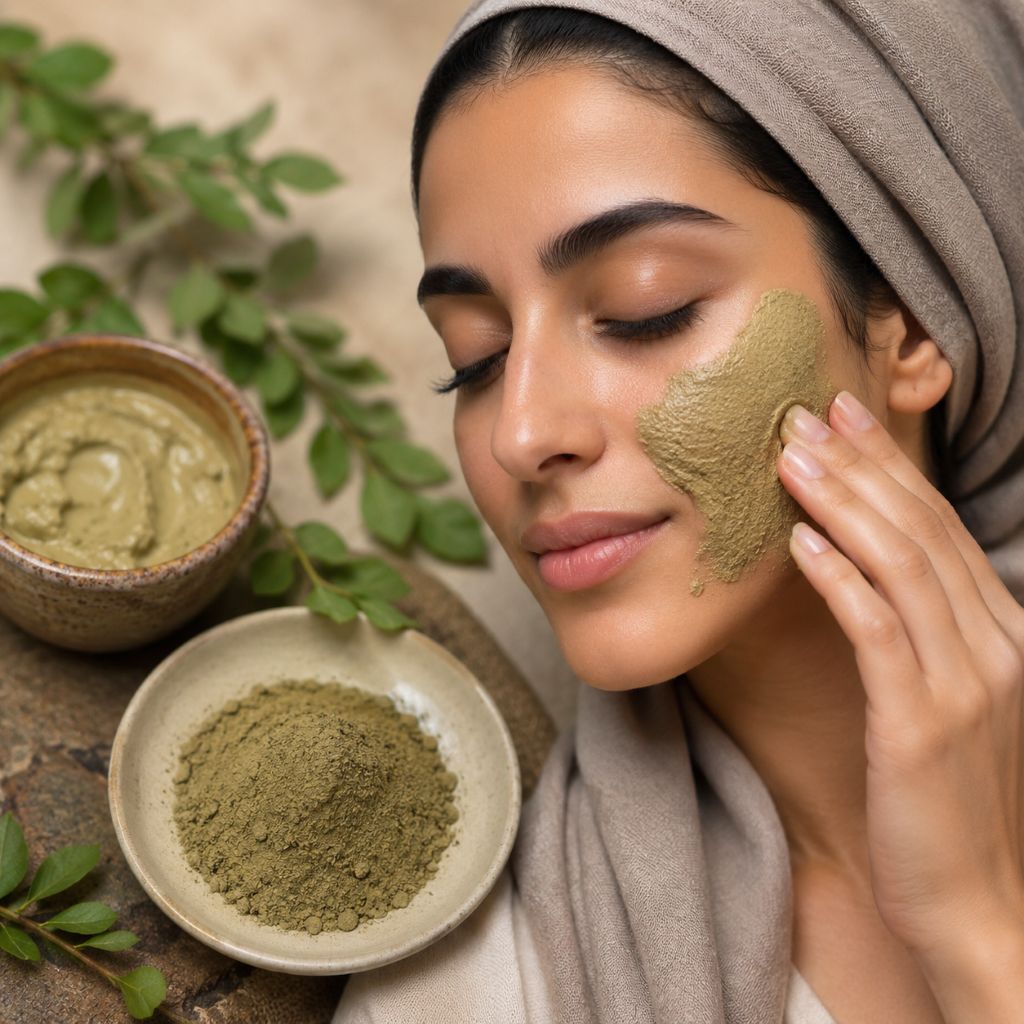 Woman applying green Sidr Paste to her face with bowls of clay and leaves on a stone surface.