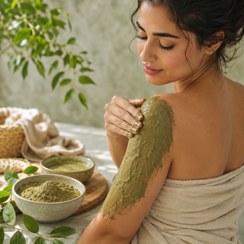 Woman applying green Sidr paste to her arm with bowls of green powder and leaves on a table.