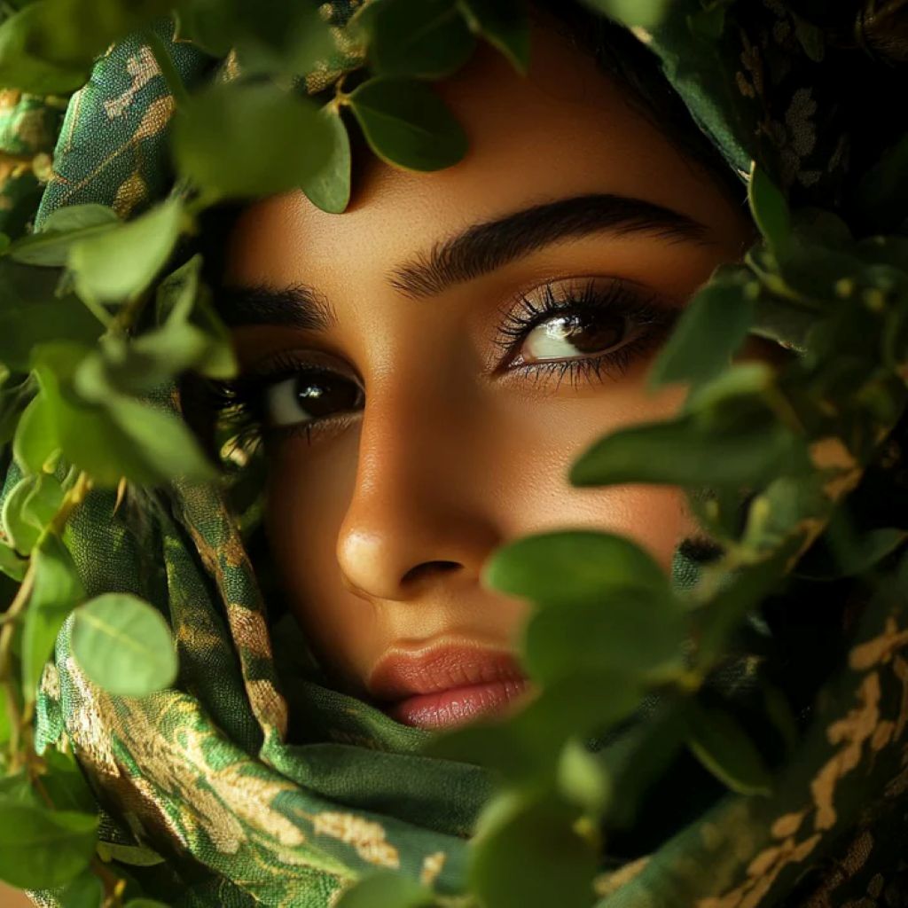 Woman wearing a green headscarf peeking through leaves